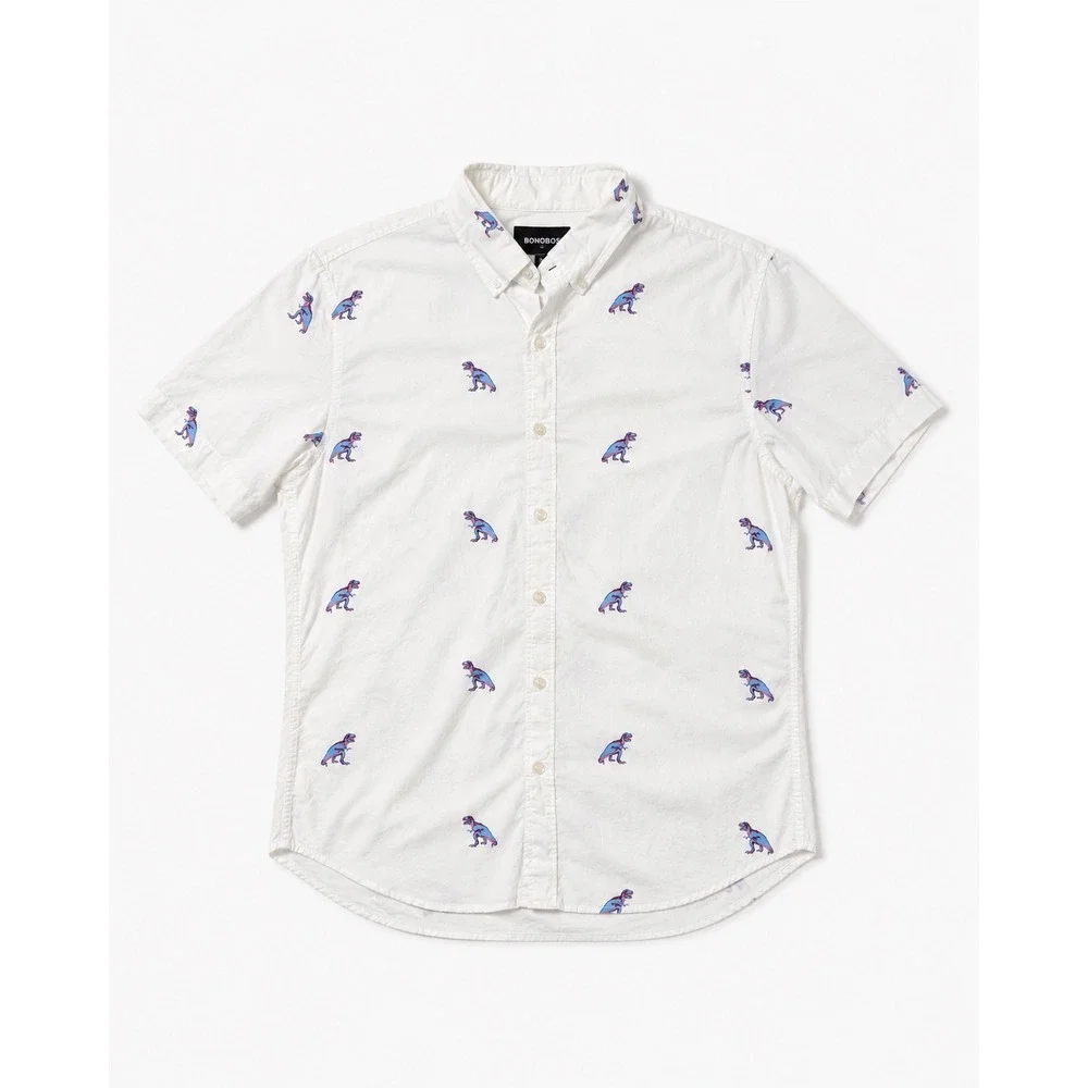 Bonobos Mens Slim Fit Short Sleeve White Dinosaur T-Rex Print Shirt Medium
